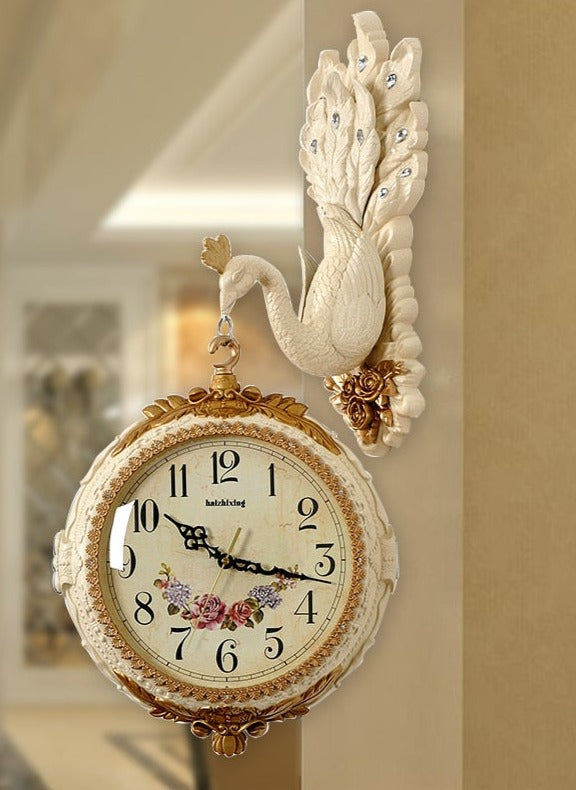 DOUBLE SIDED PEACOCK HANGING CLOCK