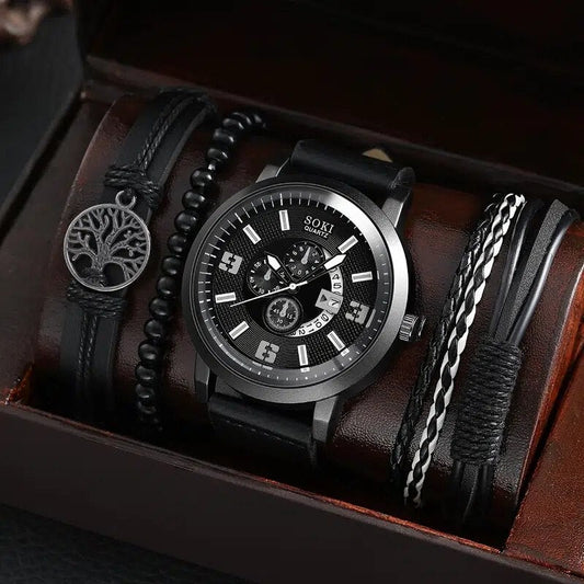 MEN'S WATCH + 3 LEATHER BRACELETS