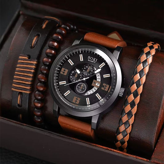 MEN'S WATCH + 3 LEATHER BRACELETS